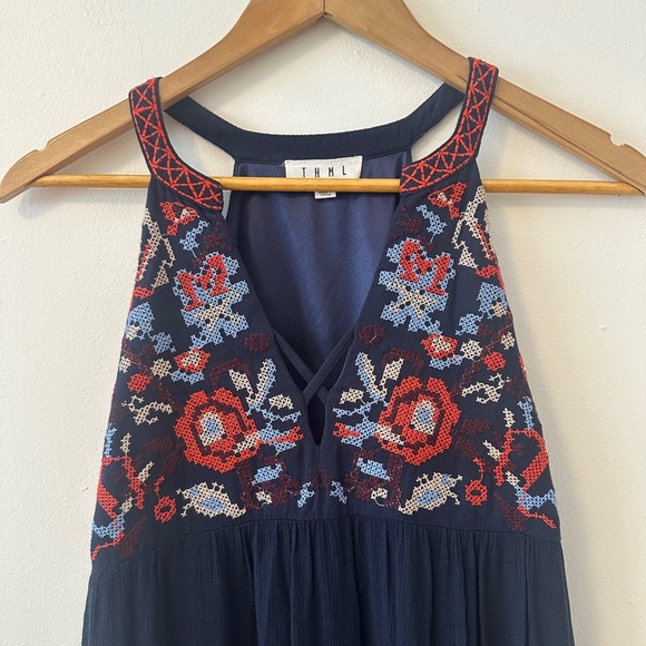 THML Women's Embroidered Empire Waist Boho Mini Dress | Size Medium - Picture 2 of 7